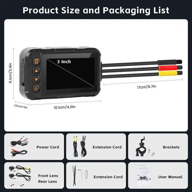 Alt view image 7 of 7 - Motorcycle Dash Cam with Dual Front and Rear Cameras, Fits All Motorcycles | 3.0" Screen Motorcycle Camera with 64GB TF Card, IP67 Waterproof, G-Sensor, Loop Recording, 24/7 Parking Mode