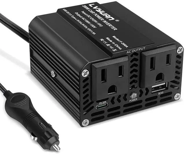 Main image of 200W Power Inverter, Inverter 12V DC to 110V AC Car Plug in Adapter Outlet 65W PD Type-C & 28W QC Fast-Charging Ports Vehicle Converter for Phone, Laptops, Road Trip Charger (Black)