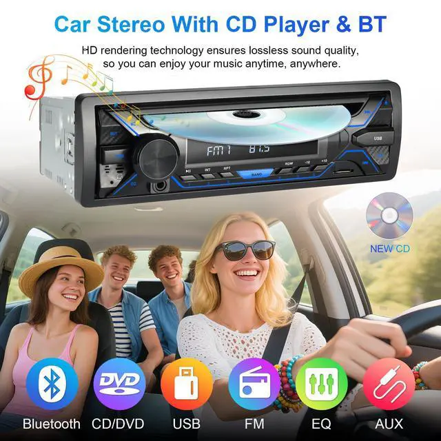 Alt view image 2 of 7 - Single Din Bluetooth Car Stereo with CD DVD Player, Single Din Radio with Bluetooth AM/FM AUX/USB/SD Card Playback