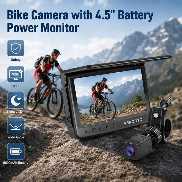 Alt view image 2 of 7 - VB5 Bike Camera Rechargeable Battery 360° Rotation - 5'' HD 1080P Monitor Color Night Vision 3 Mins Easy Installation Handlebar Bicycle Rear View Camera for Mountain Ebike
