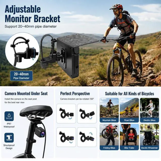 Alt view image 5 of 7 - VB5 Bike Camera Rechargeable Battery 360° Rotation - 5'' HD 1080P Monitor Color Night Vision 3 Mins Easy Installation Handlebar Bicycle Rear View Camera for Mountain Ebike