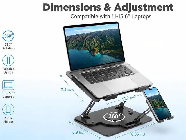 Alt view image 3 of 7 - Laptop Stand for Desk,Adjustable Computer Stand with 360° Rotating Base,2-in-1 Laptop Stands with Phone Holder,Ergonomic Laptop Riser for Collaborative Work,fits for All 10-16" Laptops