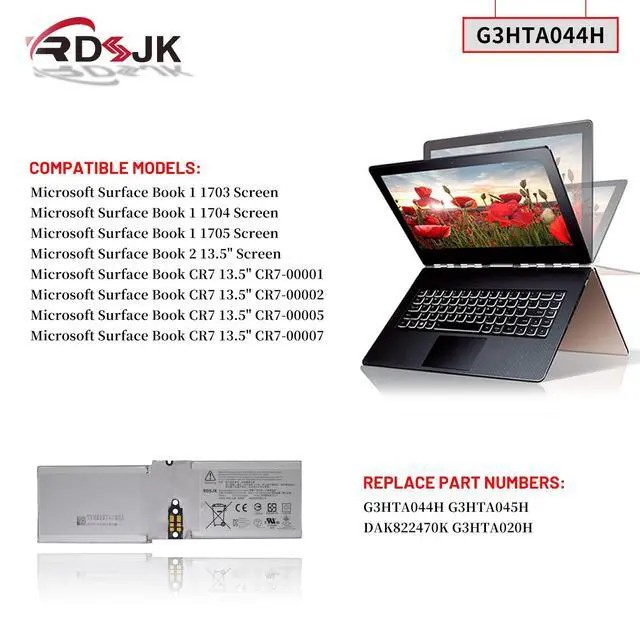 Alt view image 3 of 7 - G3HTA044H DAK822470K G3HTA020H Tablet Screen Battery for Microsoft Surface Book 1 2 1703 1704 1705 CR7 13.5" CR7-00005 CR7-00007 Book 2 128GB 256GB 512GB 1TB 2-in-1 Series 7.5V 18Wh with Tools