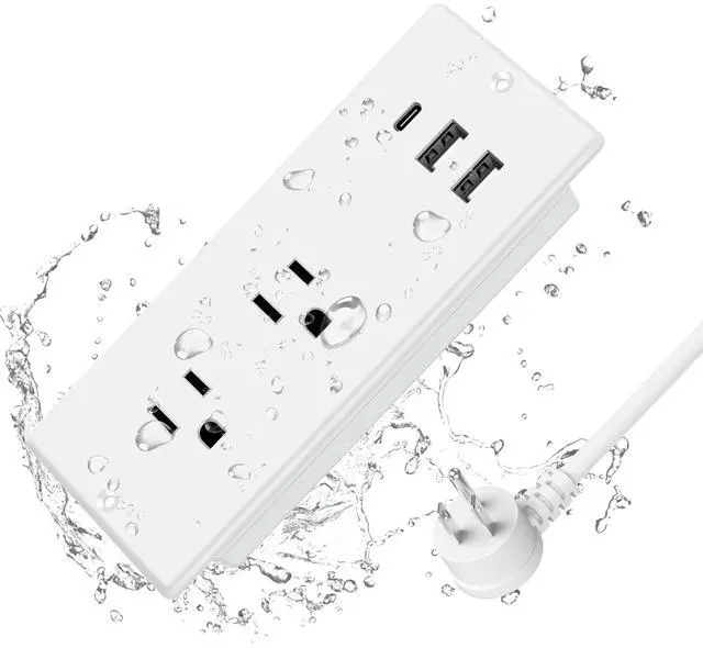 Main image of IPX6 Recessed Power Strip Waterproof | Weatherproof Furniture Flush Mount Electrical Outlet with 2 Outlets & 3 USB Ports for Bathroom, 6ft Cord