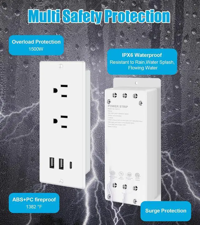 Alt view image 2 of 7 - IPX6 Recessed Power Strip Waterproof | Weatherproof Furniture Flush Mount Electrical Outlet with 2 Outlets & 3 USB Ports for Bathroom, 6ft Cord