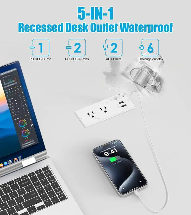 Alt view image 3 of 7 - IPX6 Recessed Power Strip Waterproof | Weatherproof Furniture Flush Mount Electrical Outlet with 2 Outlets & 3 USB Ports for Bathroom, 6ft Cord