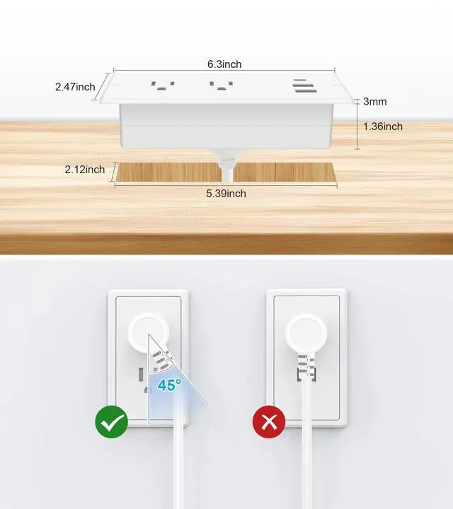 Alt view image 5 of 7 - IPX6 Recessed Power Strip Waterproof | Weatherproof Furniture Flush Mount Electrical Outlet with 2 Outlets & 3 USB Ports for Bathroom, 6ft Cord