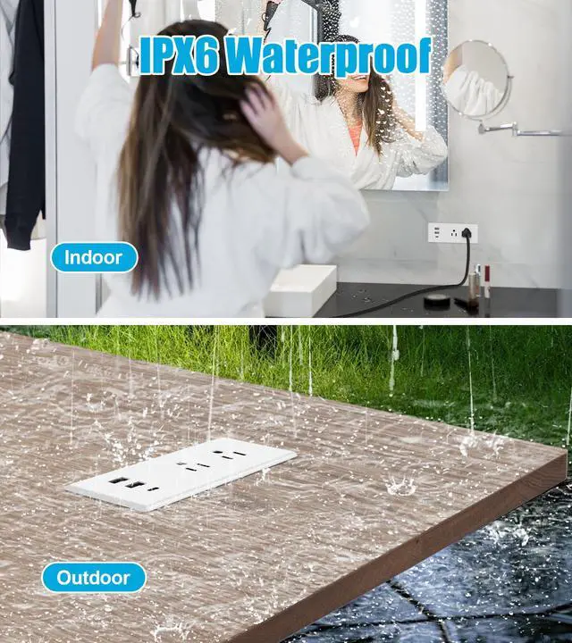 Alt view image 6 of 7 - IPX6 Recessed Power Strip Waterproof | Weatherproof Furniture Flush Mount Electrical Outlet with 2 Outlets & 3 USB Ports for Bathroom, 6ft Cord