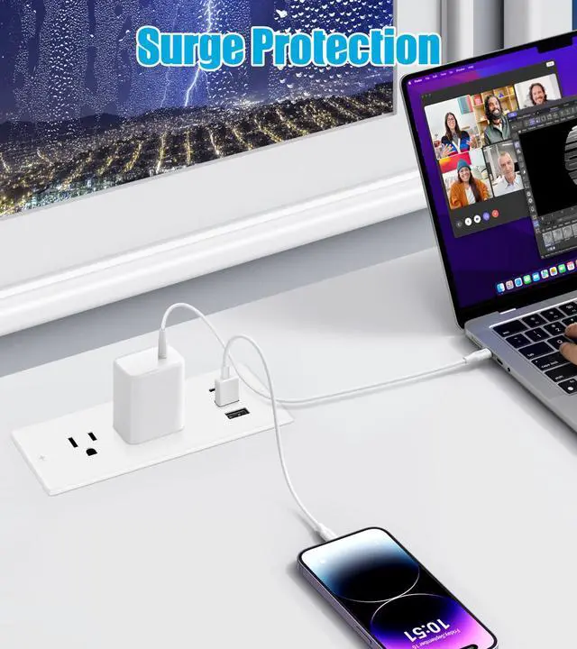 Alt view image 7 of 7 - IPX6 Recessed Power Strip Waterproof | Weatherproof Furniture Flush Mount Electrical Outlet with 2 Outlets & 3 USB Ports for Bathroom, 6ft Cord