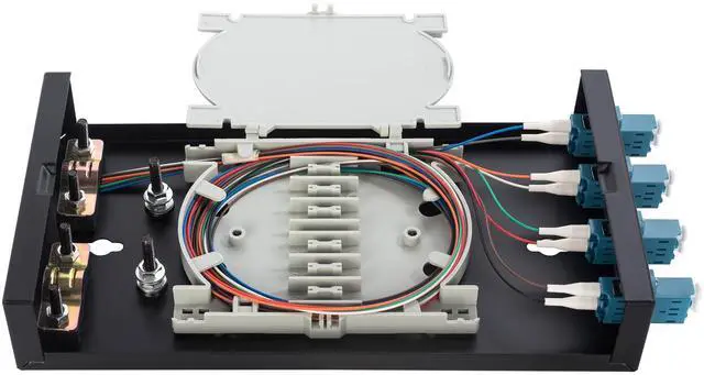 Main image of 4 Port Wallmount Box Fiber Optic Terminal encloure with 8 Strand LC UPC singlemode OS1 Colorful pigtials and 4 pcs Duplex LC Adaptor Loaded
