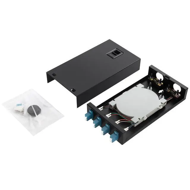 Alt view image 5 of 7 - 4 Port Wallmount Box Fiber Optic Terminal encloure with 8 Strand LC UPC singlemode OS1 Colorful pigtials and 4 pcs Duplex LC Adaptor Loaded