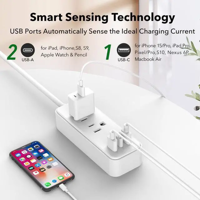 Alt view image 2 of 7 - 2Pack (Wall-Tap & Power Strip) with 6ft Power Cord, Compact Charging Hub with 2-Port USB-A & 1-Port USB-C Chargers, 3-Prong, for Home, Office, Hotel, DC3S-1122-DC