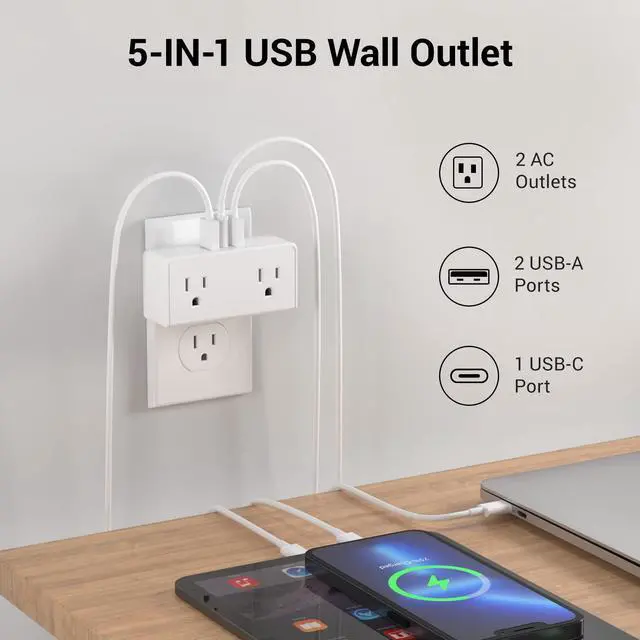 Alt view image 3 of 7 - 2Pack (Wall-Tap & Power Strip) with 6ft Power Cord, Compact Charging Hub with 2-Port USB-A & 1-Port USB-C Chargers, 3-Prong, for Home, Office, Hotel, DC3S-1122-DC