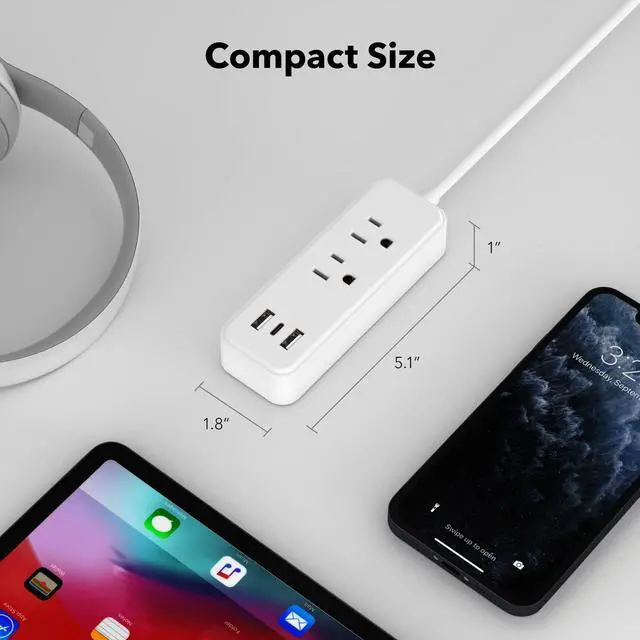 Alt view image 4 of 7 - 2Pack (Wall-Tap & Power Strip) with 6ft Power Cord, Compact Charging Hub with 2-Port USB-A & 1-Port USB-C Chargers, 3-Prong, for Home, Office, Hotel, DC3S-1122-DC
