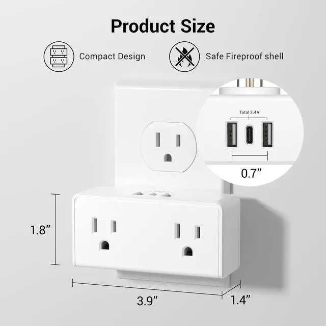 Alt view image 5 of 7 - 2Pack (Wall-Tap & Power Strip) with 6ft Power Cord, Compact Charging Hub with 2-Port USB-A & 1-Port USB-C Chargers, 3-Prong, for Home, Office, Hotel, DC3S-1122-DC