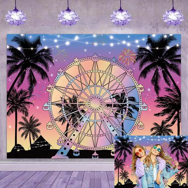 Main image of Summer Seaside Ferris Wheel Backdrop 7x5ft Tropical Palm Tree Sunset Photography Background Musical Festival Holidays Party Decoration Banner Studio Props (84''x60'')