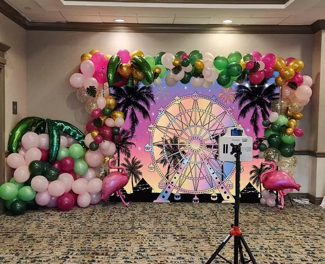Alt view image 3 of 6 - Summer Seaside Ferris Wheel Backdrop 7x5ft Tropical Palm Tree Sunset Photography Background Musical Festival Holidays Party Decoration Banner Studio Props (84''x60'')