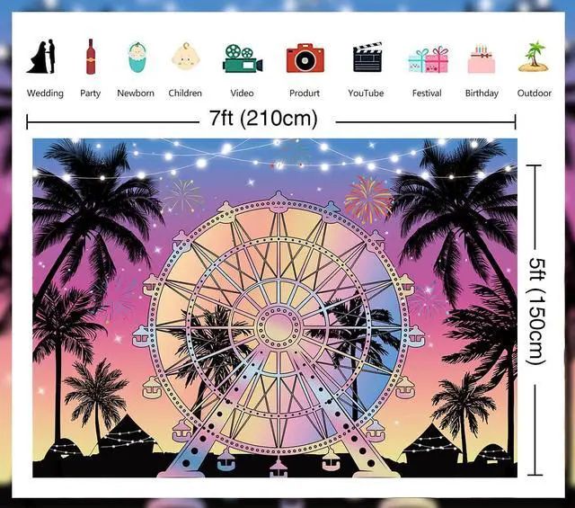 Alt view image 2 of 6 - Summer Seaside Ferris Wheel Backdrop 7x5ft Tropical Palm Tree Sunset Photography Background Musical Festival Holidays Party Decoration Banner Studio Props (84''x60'')