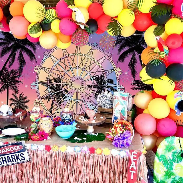 Alt view image 4 of 6 - Summer Seaside Ferris Wheel Backdrop 7x5ft Tropical Palm Tree Sunset Photography Background Musical Festival Holidays Party Decoration Banner Studio Props (84''x60'')