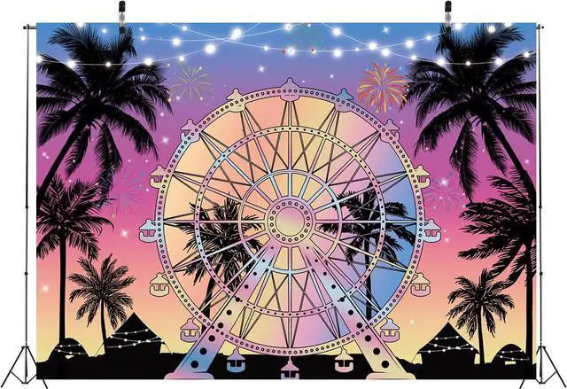 Alt view image 6 of 6 - Summer Seaside Ferris Wheel Backdrop 7x5ft Tropical Palm Tree Sunset Photography Background Musical Festival Holidays Party Decoration Banner Studio Props (84''x60'')