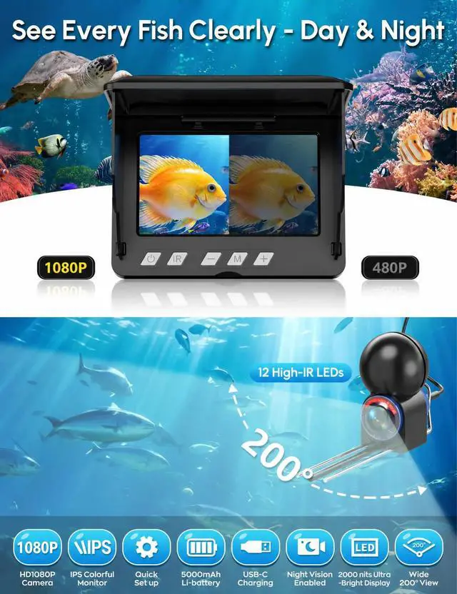 Alt view image 2 of 7 - Underwater Fishing Camera with 4.3" HD LCD Monitor, IR Night Vision Fish Finder Camera, 590" Cable, Flashlight Gloves & Carrying Case, Portable for Ice, Lake, Boat & Kayak Fishing