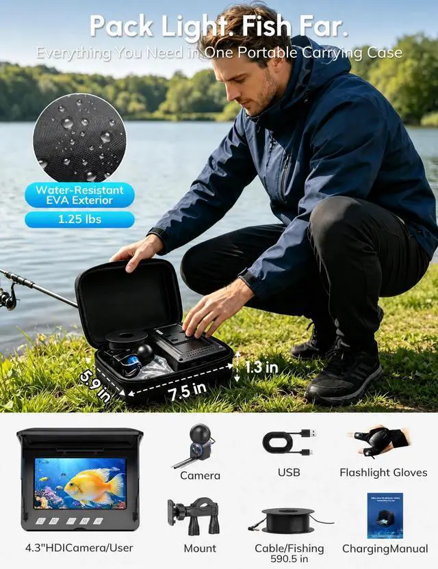 Alt view image 6 of 7 - Underwater Fishing Camera with 4.3" HD LCD Monitor, IR Night Vision Fish Finder Camera, 590" Cable, Flashlight Gloves & Carrying Case, Portable for Ice, Lake, Boat & Kayak Fishing