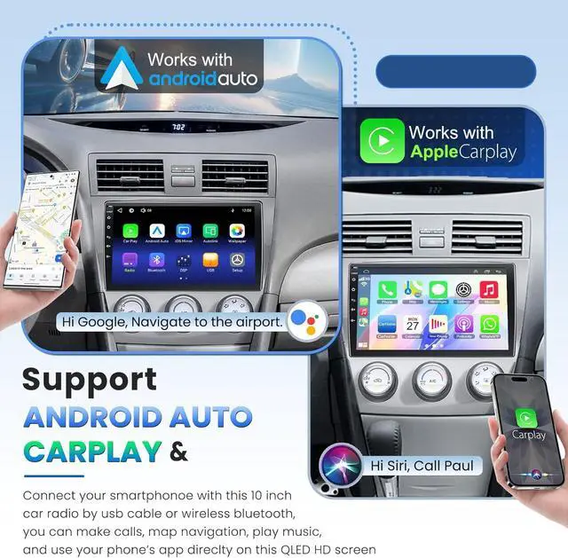 Alt view image 3 of 7 - Car Radio Stereo for Toyota Camry 2006-2011 with Manual AC (Without JBL Sound System), Support Wireless Carplay/Android Auto/Mirrorlink, 10 Inch QLED Touchscreen with Bluetooth,FM Radio