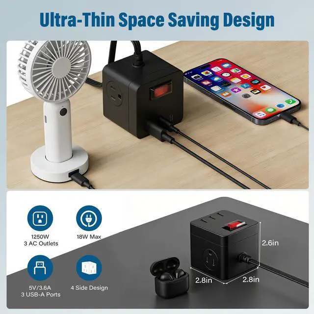Alt view image 4 of 7 - IPX4 Waterproof Cube Power Strip with USB, Flat Plug Ultra Thin Extension Cord 4 FT, 3 AC Outlets 3 USB-A Ports,1500W Wall Mountable Outlet Extender for Indoor Outdoor Cruise Camping Christmas, ETL