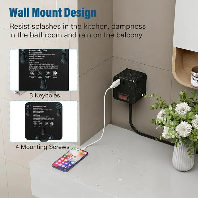 Alt view image 5 of 7 - IPX4 Waterproof Cube Power Strip with USB, Flat Plug Ultra Thin Extension Cord 4 FT, 3 AC Outlets 3 USB-A Ports,1500W Wall Mountable Outlet Extender for Indoor Outdoor Cruise Camping Christmas, ETL