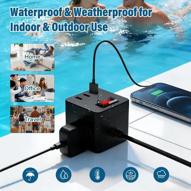 Alt view image 7 of 7 - IPX4 Waterproof Cube Power Strip with USB, Flat Plug Ultra Thin Extension Cord 4 FT, 3 AC Outlets 3 USB-A Ports,1500W Wall Mountable Outlet Extender for Indoor Outdoor Cruise Camping Christmas, ETL