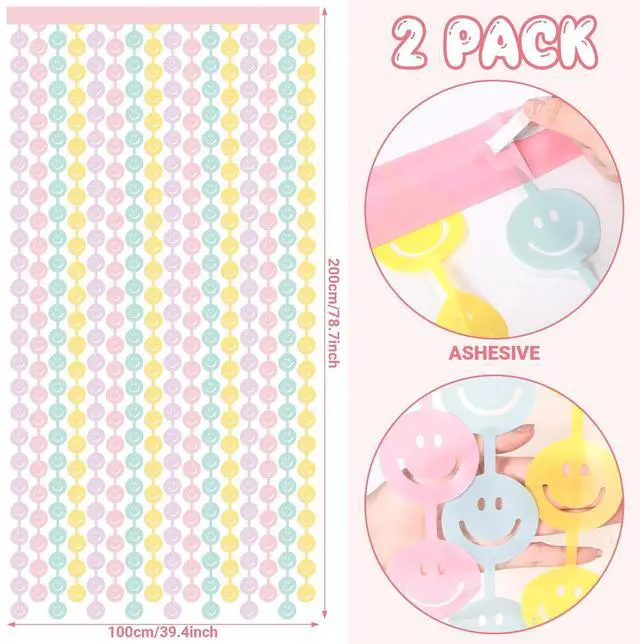 Alt view image 2 of 7 - 2 Set Smile Face Foil Curtain Smile Party Decorations Happy Pastel Birthday Decor Macaron Color Bachelorette Backdrop Booth Prop Preppy Party Baby Shower Supplies