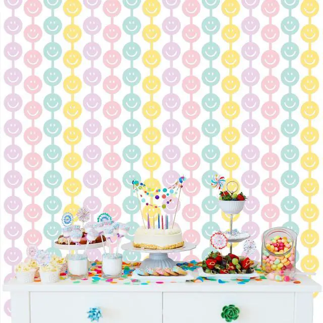 Alt view image 3 of 7 - 2 Set Smile Face Foil Curtain Smile Party Decorations Happy Pastel Birthday Decor Macaron Color Bachelorette Backdrop Booth Prop Preppy Party Baby Shower Supplies