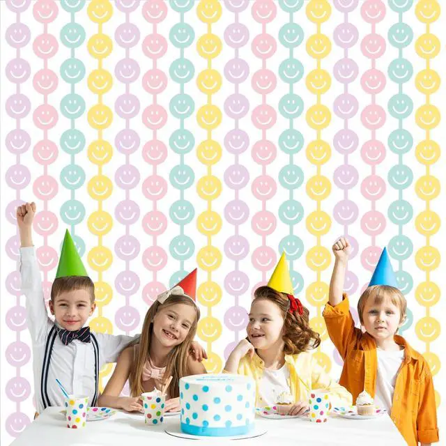 Alt view image 5 of 7 - 2 Set Smile Face Foil Curtain Smile Party Decorations Happy Pastel Birthday Decor Macaron Color Bachelorette Backdrop Booth Prop Preppy Party Baby Shower Supplies