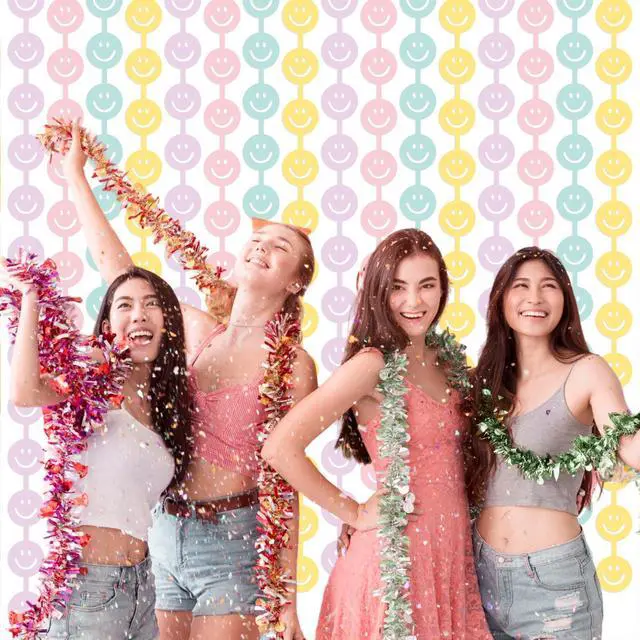Alt view image 6 of 7 - 2 Set Smile Face Foil Curtain Smile Party Decorations Happy Pastel Birthday Decor Macaron Color Bachelorette Backdrop Booth Prop Preppy Party Baby Shower Supplies
