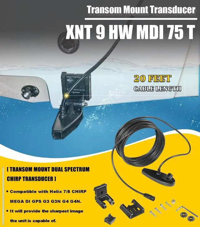 Alt view image 2 of 7 - 710295-1 XNT 9 HW MDI 75 T for Humminbird Helix 7/8 (MEGA Down Imaging) Dual Spectrum Chirp with Temperature Transom Mount Transducer, Black