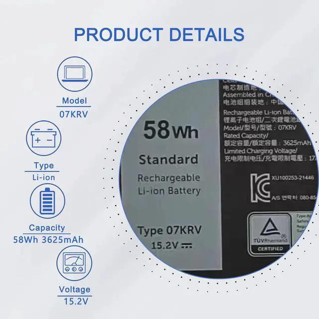 Alt view image 2 of 6 - 07KRV 58Wh Battery Replacement for Dell Latitude 5530 5430 5330 Precision P137G004 P137G006 3570 P104F005 P104F006 Laptop Series Notebook H4PVC O7KRV 0H4PVC Y86WG 0Y86W 15.2V 3625mAh 4-Cells
