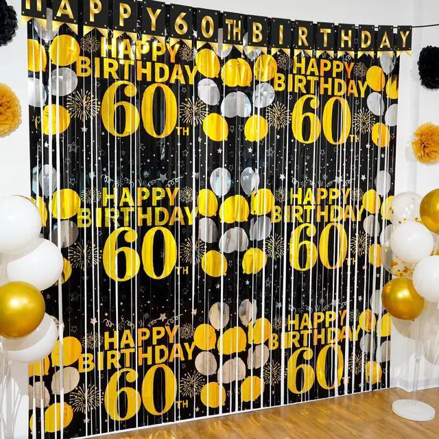 Main image of 60th Birthday Decorations for Men Women, 60th Birthday Foil Fringe Curtains | 2 Pack Black Gold 3.3 x 6.6ft Cheers to 60 Years Old Tinsel Streamers Photo Booth Props Backdrop Party Supplies