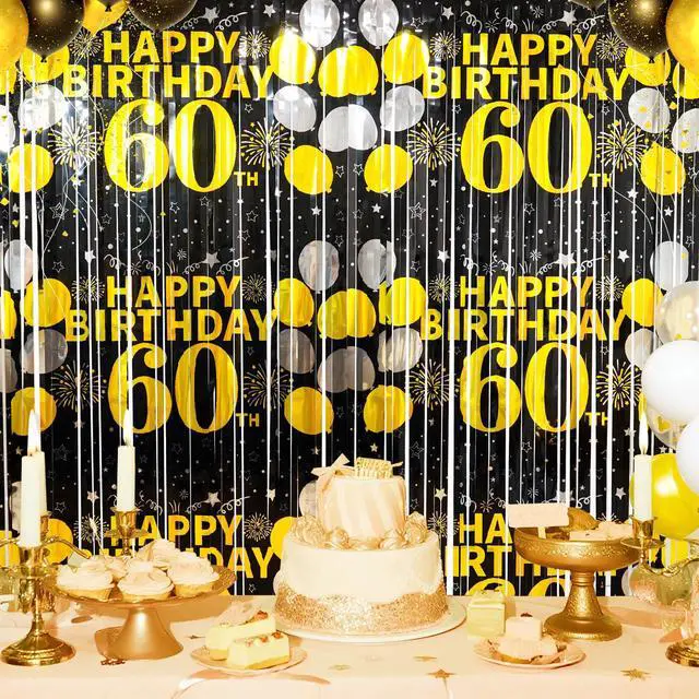 Alt view image 3 of 6 - 60th Birthday Decorations for Men Women, 60th Birthday Foil Fringe Curtains | 2 Pack Black Gold 3.3 x 6.6ft Cheers to 60 Years Old Tinsel Streamers Photo Booth Props Backdrop Party Supplies