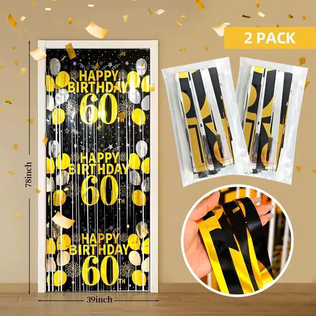 Alt view image 2 of 6 - 60th Birthday Decorations for Men Women, 60th Birthday Foil Fringe Curtains | 2 Pack Black Gold 3.3 x 6.6ft Cheers to 60 Years Old Tinsel Streamers Photo Booth Props Backdrop Party Supplies