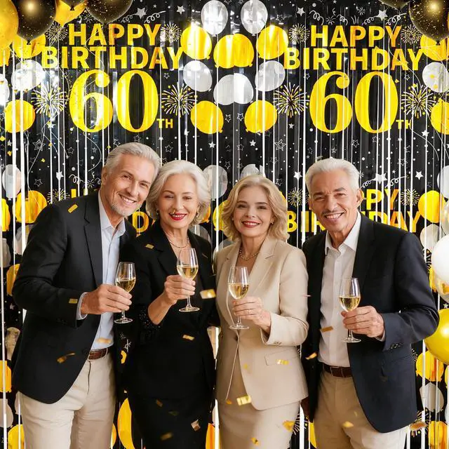 Alt view image 4 of 6 - 60th Birthday Decorations for Men Women, 60th Birthday Foil Fringe Curtains | 2 Pack Black Gold 3.3 x 6.6ft Cheers to 60 Years Old Tinsel Streamers Photo Booth Props Backdrop Party Supplies