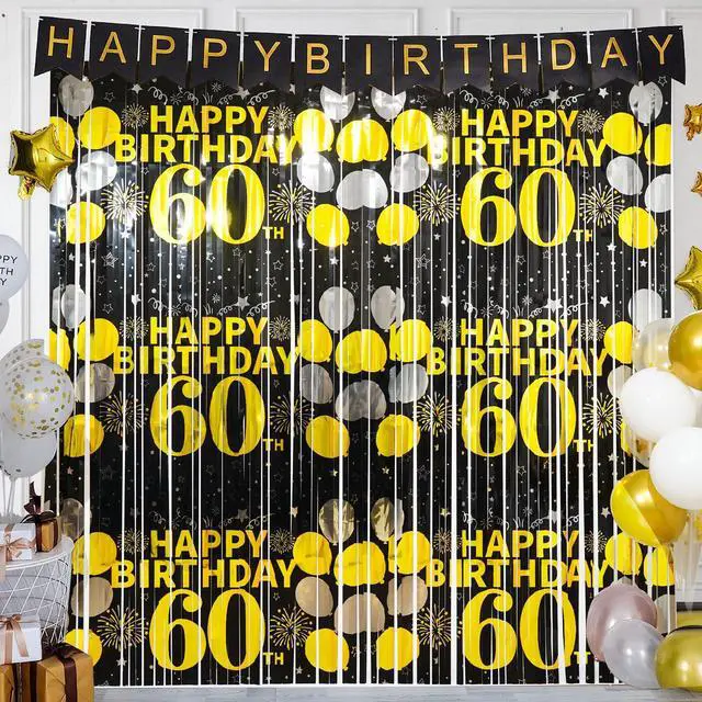 Alt view image 5 of 6 - 60th Birthday Decorations for Men Women, 60th Birthday Foil Fringe Curtains | 2 Pack Black Gold 3.3 x 6.6ft Cheers to 60 Years Old Tinsel Streamers Photo Booth Props Backdrop Party Supplies