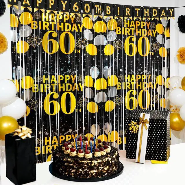 Alt view image 6 of 6 - 60th Birthday Decorations for Men Women, 60th Birthday Foil Fringe Curtains | 2 Pack Black Gold 3.3 x 6.6ft Cheers to 60 Years Old Tinsel Streamers Photo Booth Props Backdrop Party Supplies