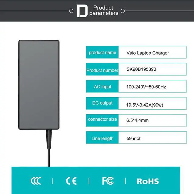 Alt view image 3 of 7 - 90W AC Adapter Compatible with Sony Vaio Laptop Charger 19.5V, PCG-71913l, Compatible with Sony Vaio Charger AC Adapter Power Cord