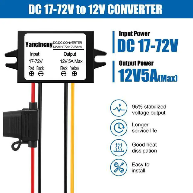 Alt view image 2 of 6 - DC 24V 36V 48V 60V 72V Step Down to 12V 5A 60W Converter Regulator Reducer Power Supply Module Buck Transformer, Waterproof DC 24V to 12V Converter with Fuse for Golf Cart