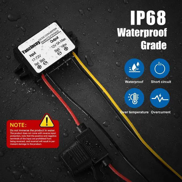 Alt view image 4 of 6 - DC 24V 36V 48V 60V 72V Step Down to 12V 5A 60W Converter Regulator Reducer Power Supply Module Buck Transformer, Waterproof DC 24V to 12V Converter with Fuse for Golf Cart