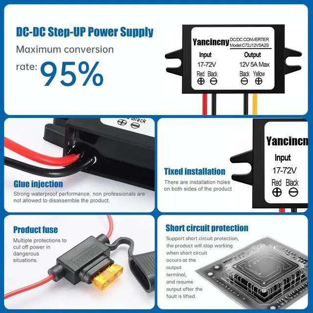 Alt view image 5 of 6 - DC 24V 36V 48V 60V 72V Step Down to 12V 5A 60W Converter Regulator Reducer Power Supply Module Buck Transformer, Waterproof DC 24V to 12V Converter with Fuse for Golf Cart