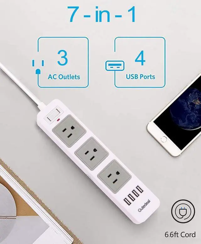 Alt view image 2 of 7 - 2 Prong Power Strip with USB, 2 Prong to 3 Prong Outlet Adapter with 4 USB Ports 6.6ft Extension Cord, 3 AC Outlets Flat Plug Surge Protector for Smartphone Tablets Home, Office and Hotel, White