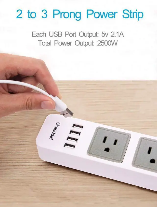 Alt view image 3 of 7 - 2 Prong Power Strip with USB, 2 Prong to 3 Prong Outlet Adapter with 4 USB Ports 6.6ft Extension Cord, 3 AC Outlets Flat Plug Surge Protector for Smartphone Tablets Home, Office and Hotel, White