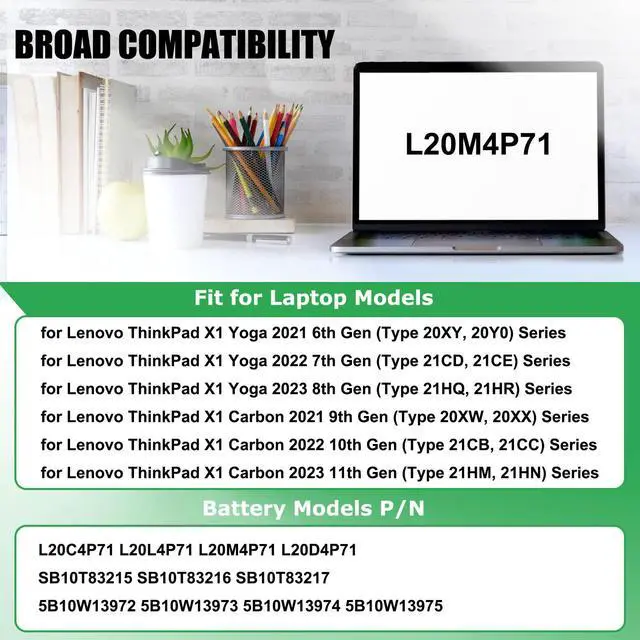Alt view image 2 of 6 - L20C4P71 L20M4P71 Laptop Battery Replacement for Lenovo ThinkPad X1 Carbon 9th 10th 11th Gen X1 Yoga 6th 7th 8th Gen Series Notebook SB10T83216 5B10W13973 L20D4P71 L20L4P71 15.44V 57Wh