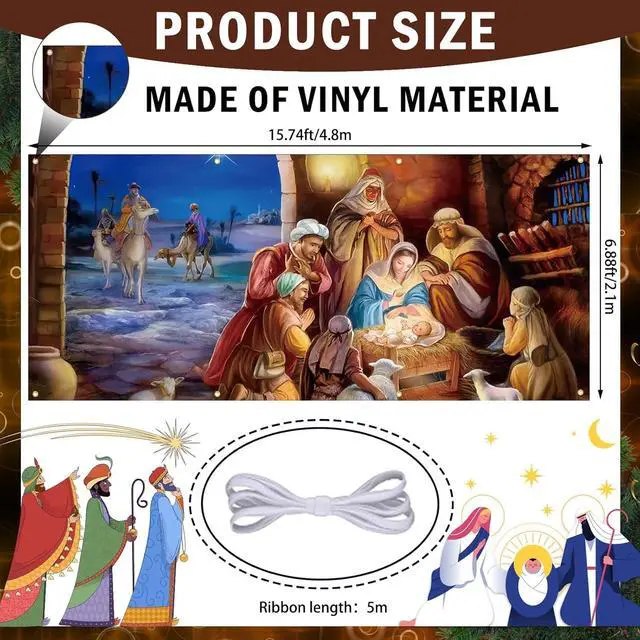 Alt view image 2 of 7 - Nativity Scene Christmas Garage Door Banner 16 x 7 ft, Large Christmas Garage Door Decorations Outdoor Backdrop Background for Photo Holy Nativity Party Outdoor Banner